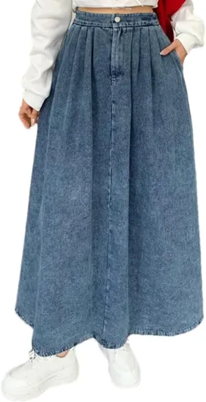 Womens A- Line Denim Skirt High Waisted Vintage Casual Denim Jean Skirt