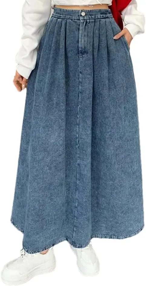 Womens A- Line Denim Skirt High Waisted Vintage Casual Denim Jean Skirt
