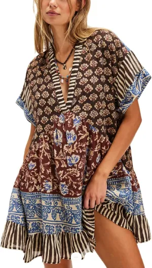 Womens Boho Mini Dress Y2k Floral Print Deep V-Neck Puff Sleeve Short Dress 2025 Summer Loose Beach Sundress