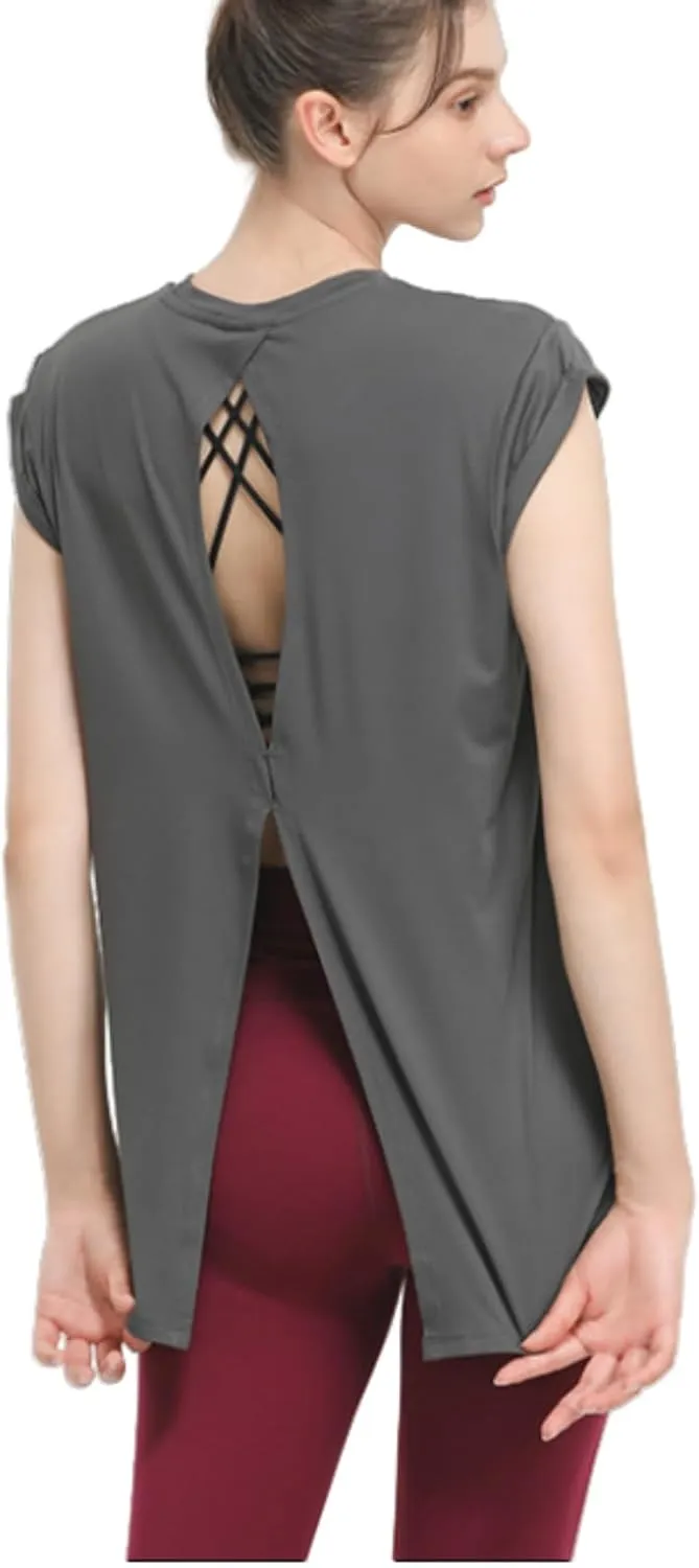 Women's Breathable Workout T-Shirt Backless Yoga Top,Quick-Dry Running Shirt with Curved Hem,S-XL