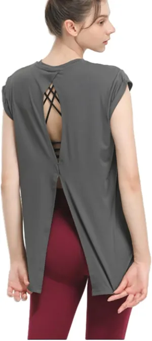 Women's Breathable Workout T-Shirt Backless Yoga Top,Quick-Dry Running Shirt with Curved Hem,S-XL