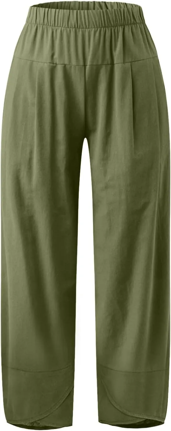 Women's Capri Linen Pants Drawstring Straight Leg 2025 Casual Summer Pants Loose Cropped Trouser