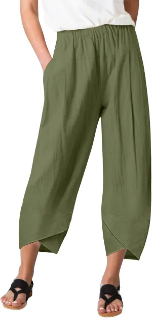 Women's Capri Linen Pants Drawstring Straight Leg 2025 Casual Summer Pants Loose Cropped Trouser