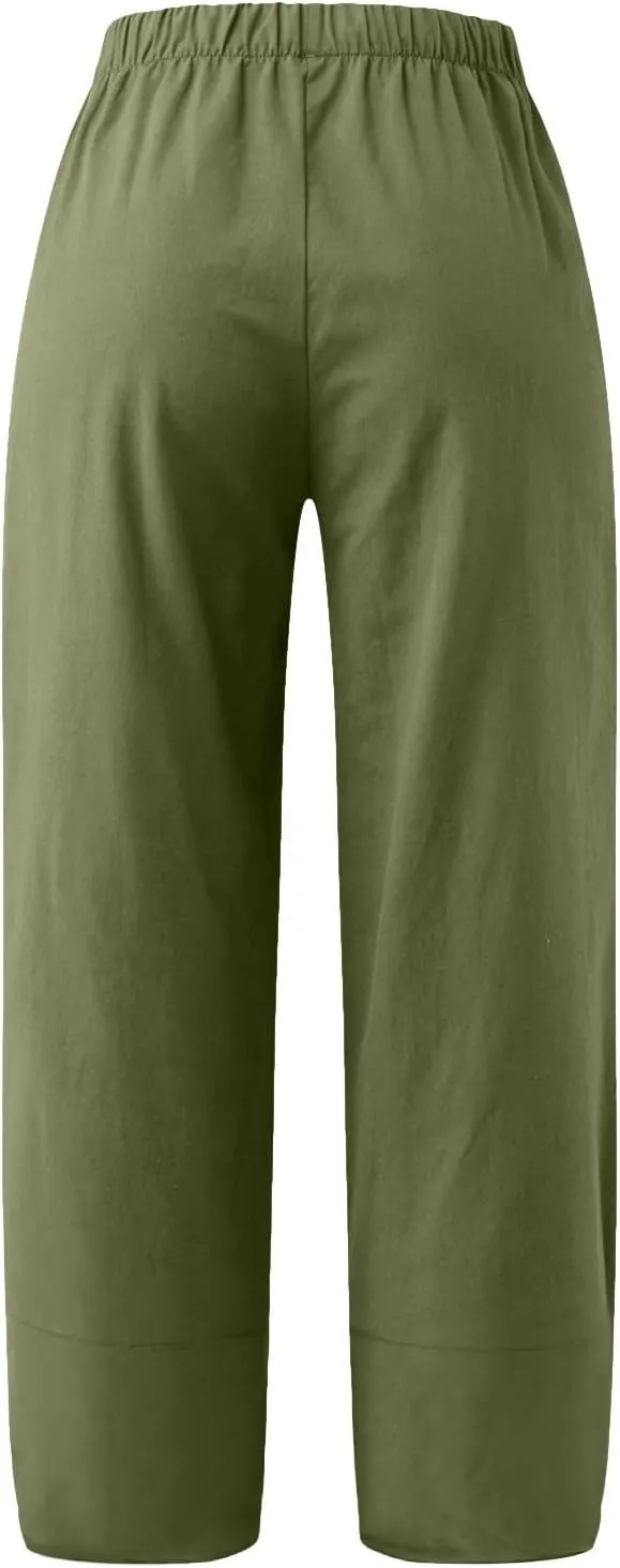 Women's Capri Linen Pants Drawstring Straight Leg 2025 Casual Summer Pants Loose Cropped Trouser