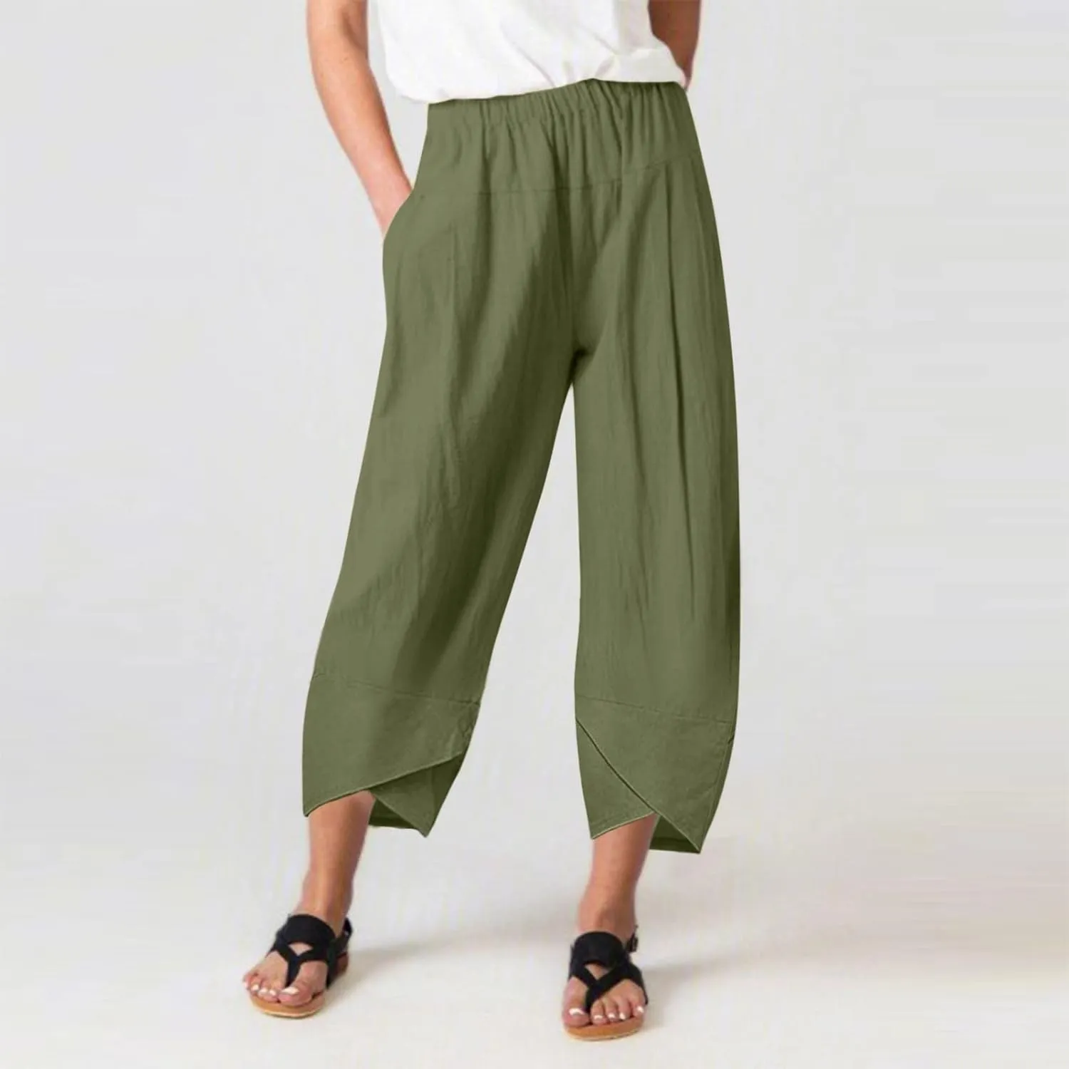 Women's Capri Linen Pants Drawstring Straight Leg 2025 Casual Summer Pants Loose Cropped Trouser