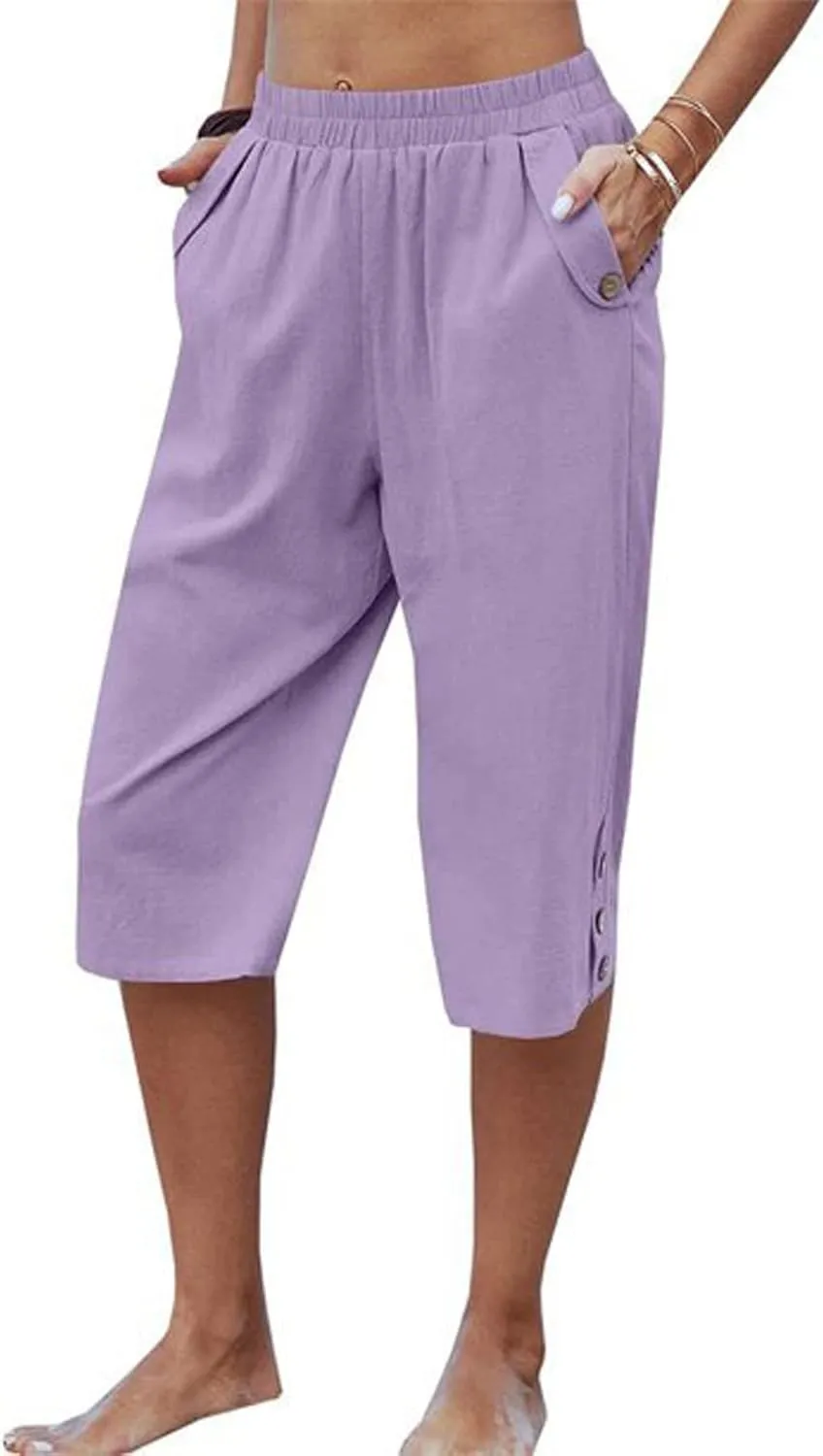 Womens Capri Pants Casual Bermuda Linen Cropped Pants Elastic Waist 3/4 Wide Leg Summer Trousers with Pockets