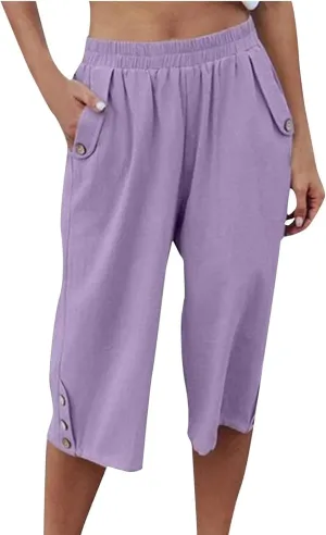 Womens Capri Pants Casual Bermuda Linen Cropped Pants Elastic Waist 3/4 Wide Leg Summer Trousers with Pockets