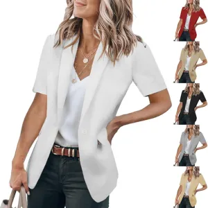 Women's Casual Blazers Business Casual Short Sleeve Blazer Work Office Dressy Suit Jackets Solid Button Lapel Blazer