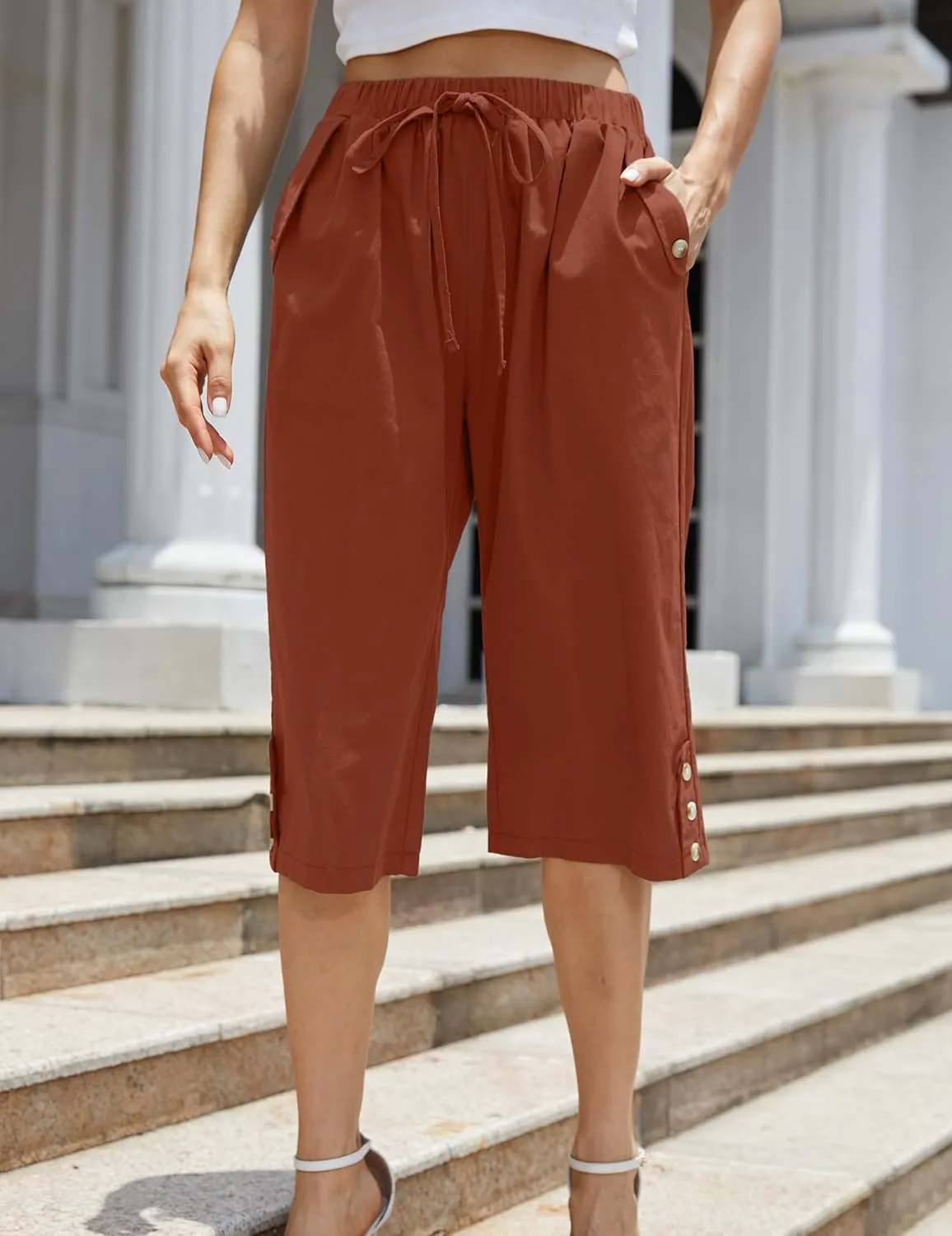 Women's Casual Cotton Pants Elastic Drawstring Capri Trousers Lightweight High Waisted Wide Leg Baggy Slacks