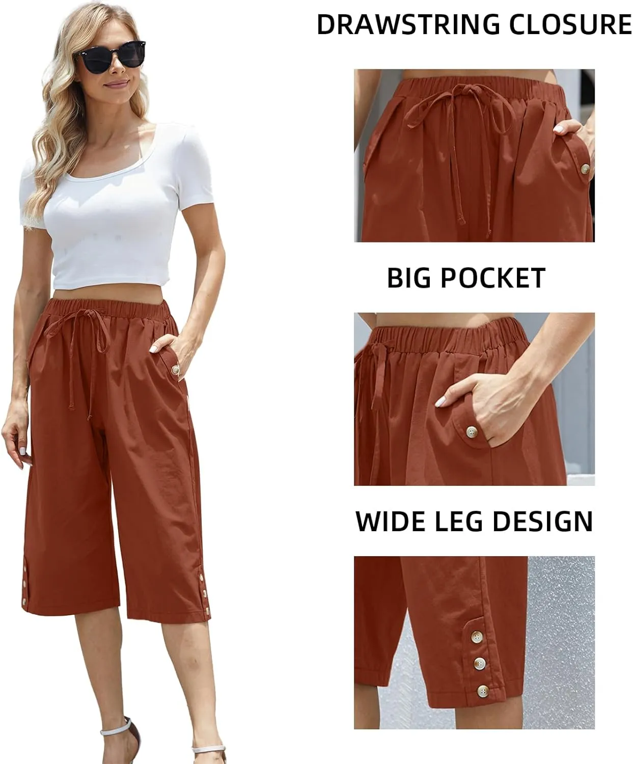 Women's Casual Cotton Pants Elastic Drawstring Capri Trousers Lightweight High Waisted Wide Leg Baggy Slacks