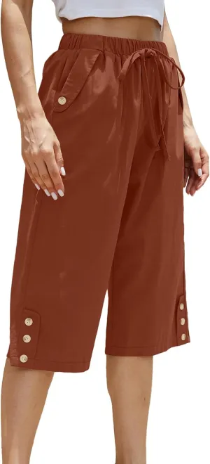 Women's Casual Cotton Pants Elastic Drawstring Capri Trousers Lightweight High Waisted Wide Leg Baggy Slacks
