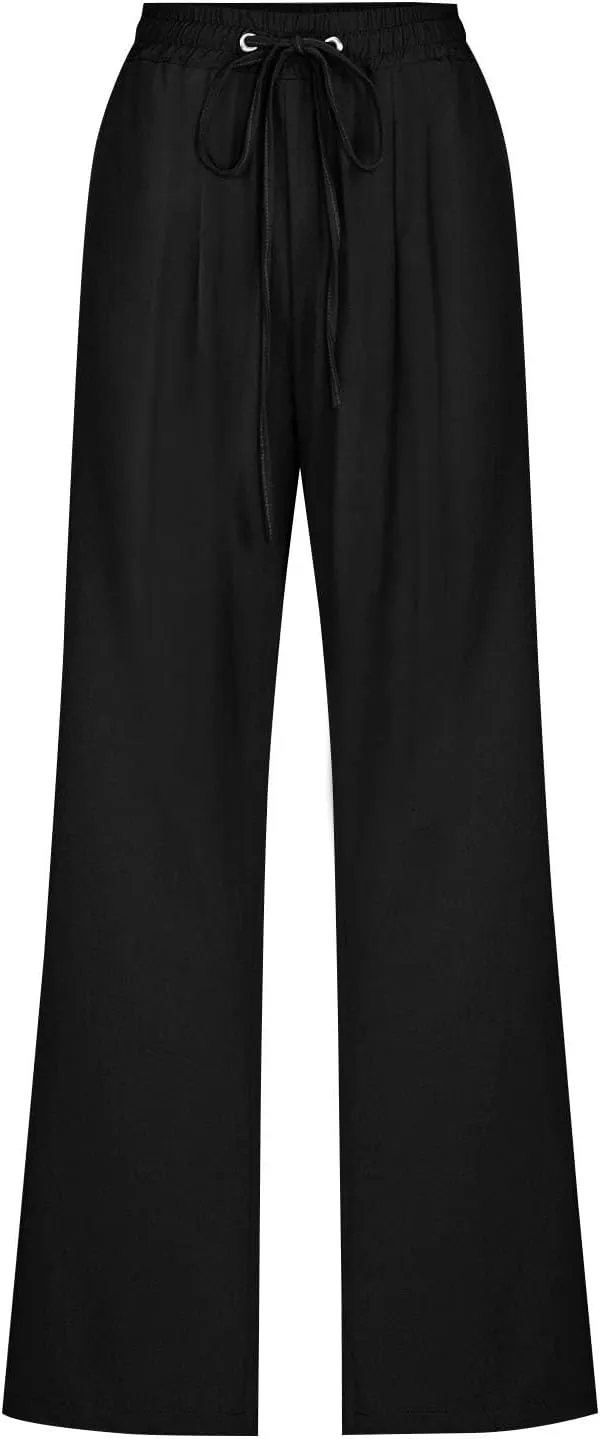 Womens Casual Linen Pants High Waist Drawstring Loose Fit Trousers with Pockets Beach Vacation Clothes for Women