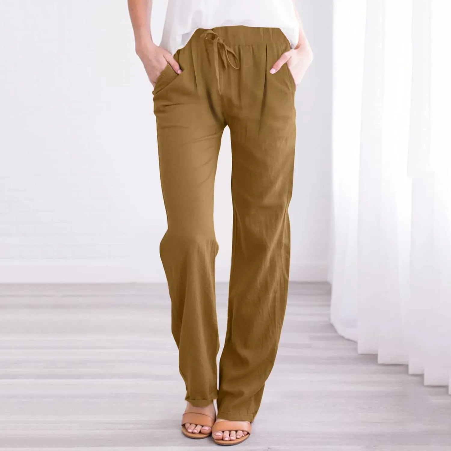 Women's Casual Pants Solid Cotton Drawstring Elastic High Waist Lightweight Joggers with Pockets 2025 Fit Summer