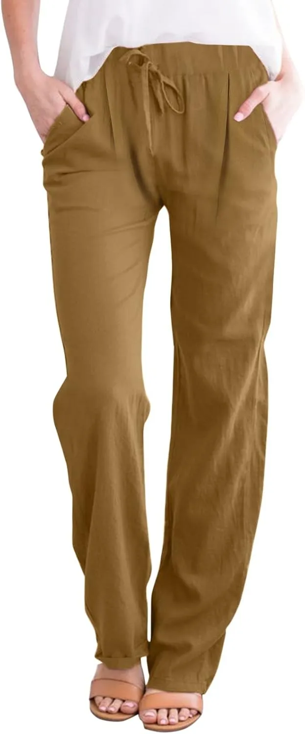 Women's Casual Pants Solid Cotton Drawstring Elastic High Waist Lightweight Joggers with Pockets 2025 Fit Summer