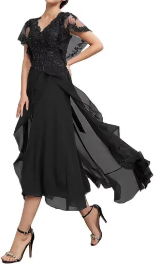Womens Chiffon Mother of The Bride Dress V Neck Formal Evening Dresses Laces Appliques Wedding Guest Dress