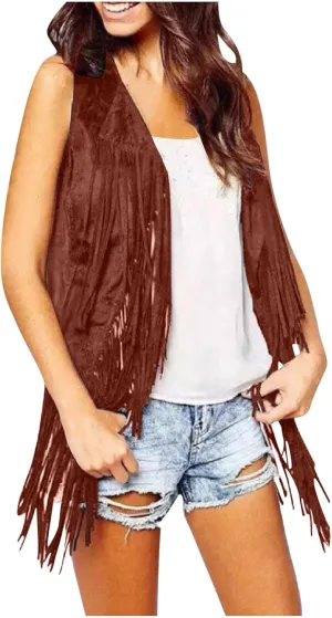 Womens Concert Outfits Fringe Vest Faux Suede Tassels Open Front Sleeveless Jacket 70s Cowgirls Western Hippie Clothes