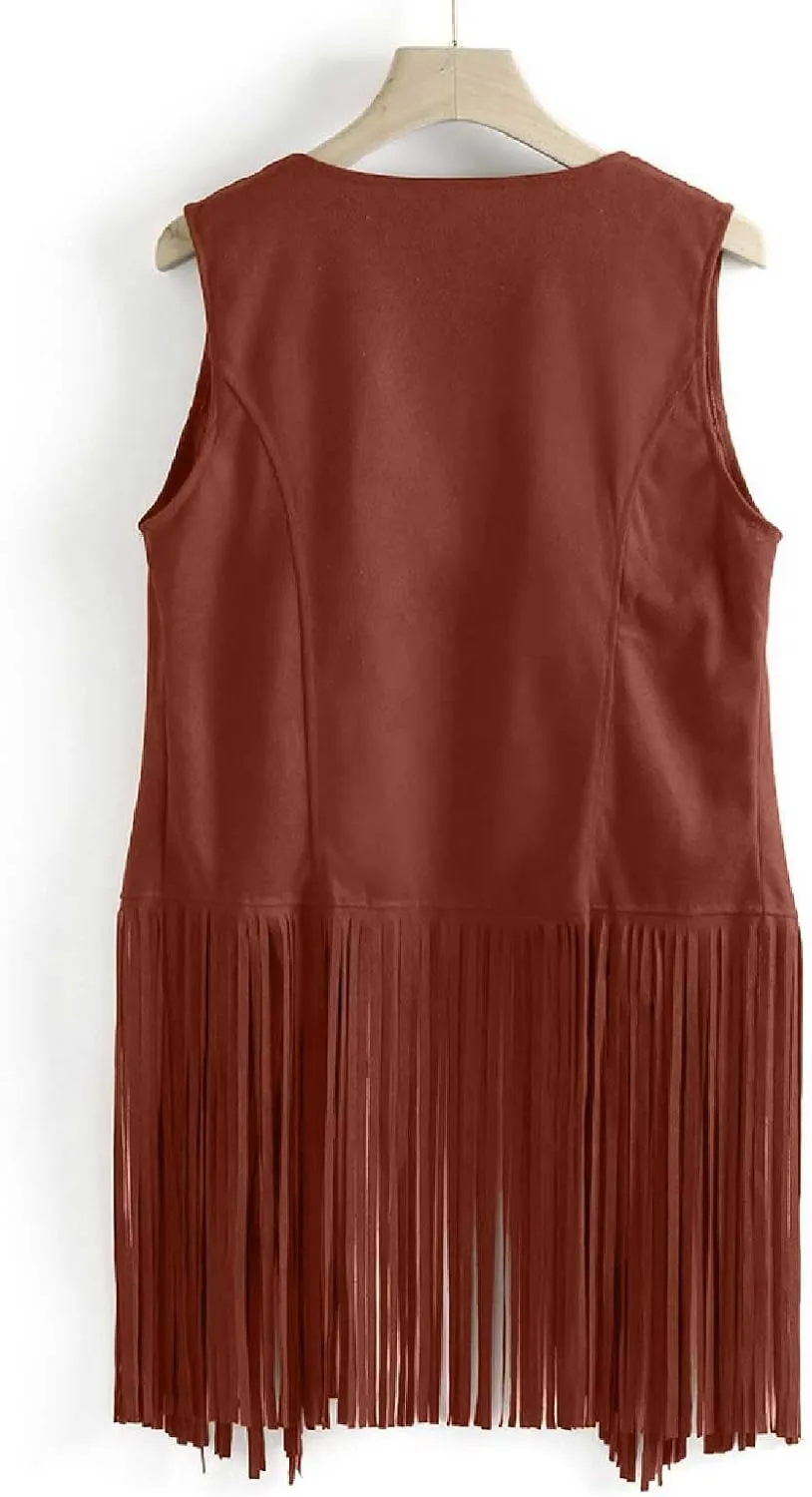 Womens Concert Outfits Fringe Vest Faux Suede Tassels Open Front Sleeveless Jacket 70s Cowgirls Western Hippie Clothes