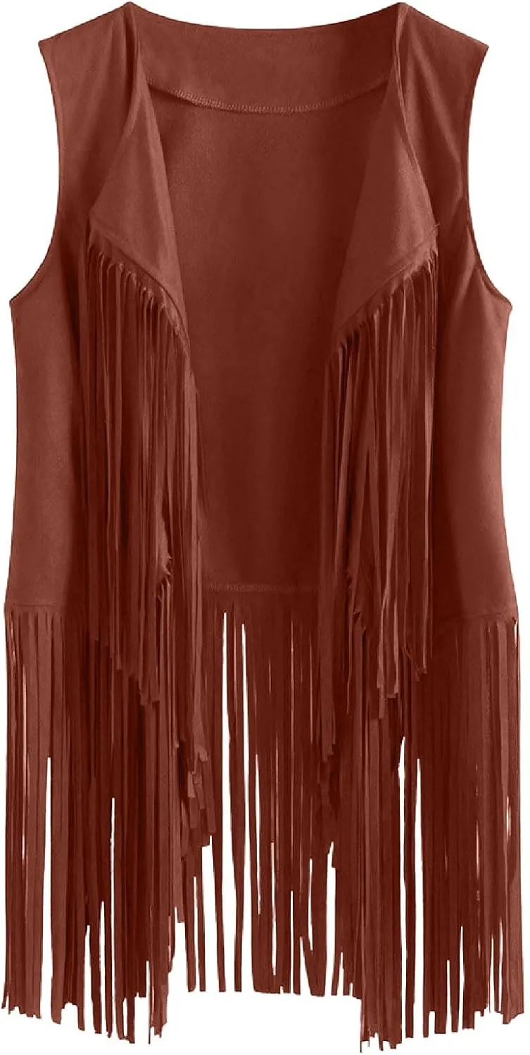 Womens Concert Outfits Fringe Vest Faux Suede Tassels Open Front Sleeveless Jacket 70s Cowgirls Western Hippie Clothes