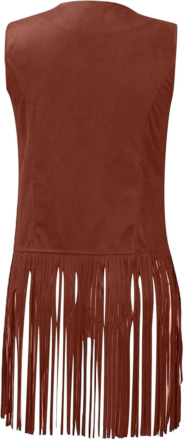 Womens Concert Outfits Fringe Vest Faux Suede Tassels Open Front Sleeveless Jacket 70s Cowgirls Western Hippie Clothes