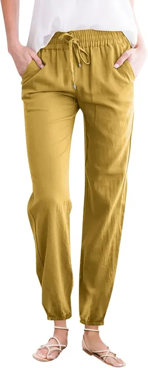 Womens Cotton Linen Casual Pants Straight Leg Drawstring Sweatpants Elastic High Waist Summer Trousers with Pockets