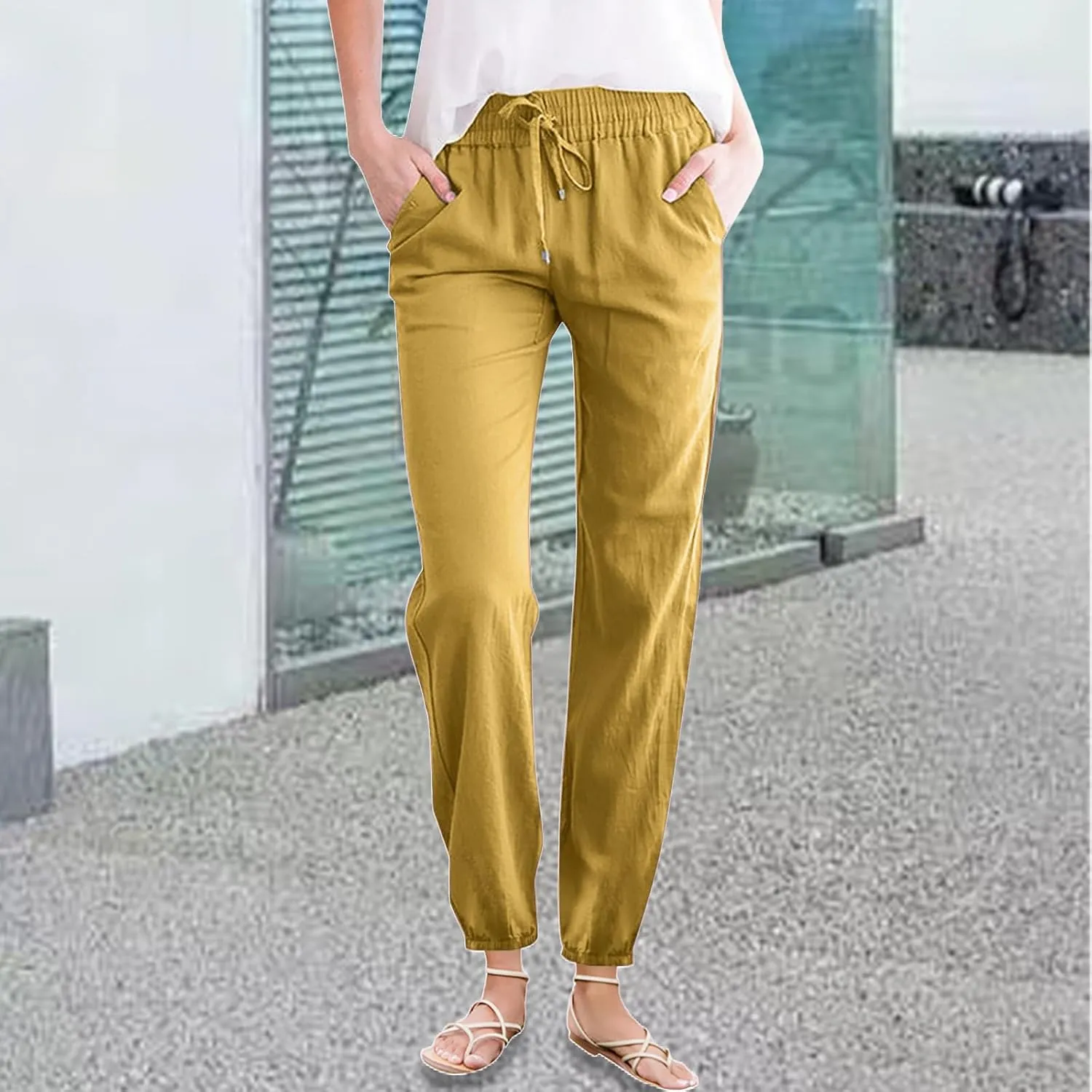 Womens Cotton Linen Casual Pants Straight Leg Drawstring Sweatpants Elastic High Waist Summer Trousers with Pockets