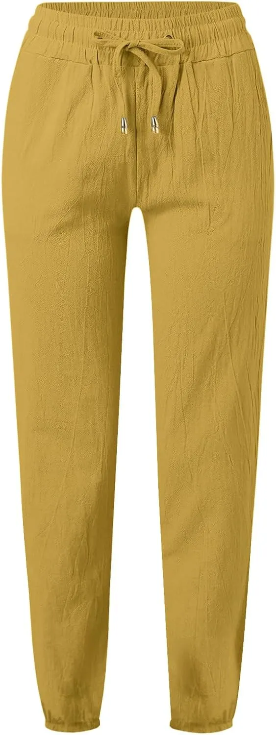 Womens Cotton Linen Casual Pants Straight Leg Drawstring Sweatpants Elastic High Waist Summer Trousers with Pockets