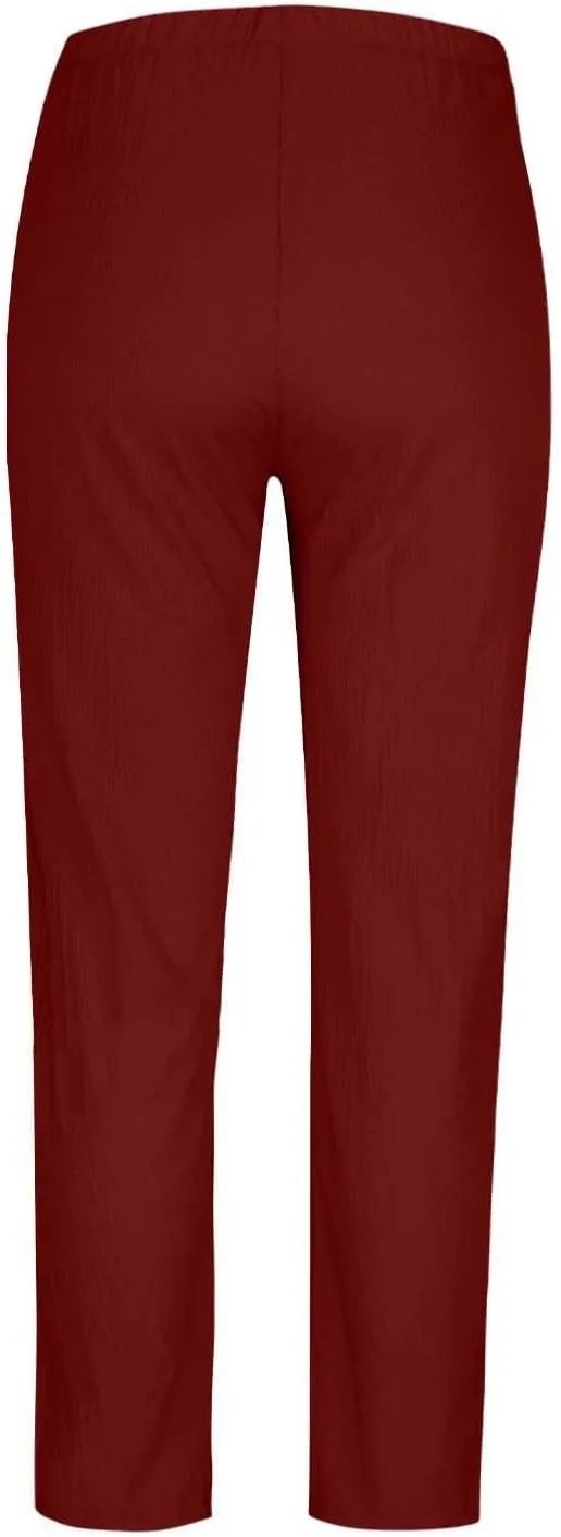Womens Cotton Linen Cropped Pants Elastic High Waist Folded Hem Pants Casual Summer Trousers with Pockets