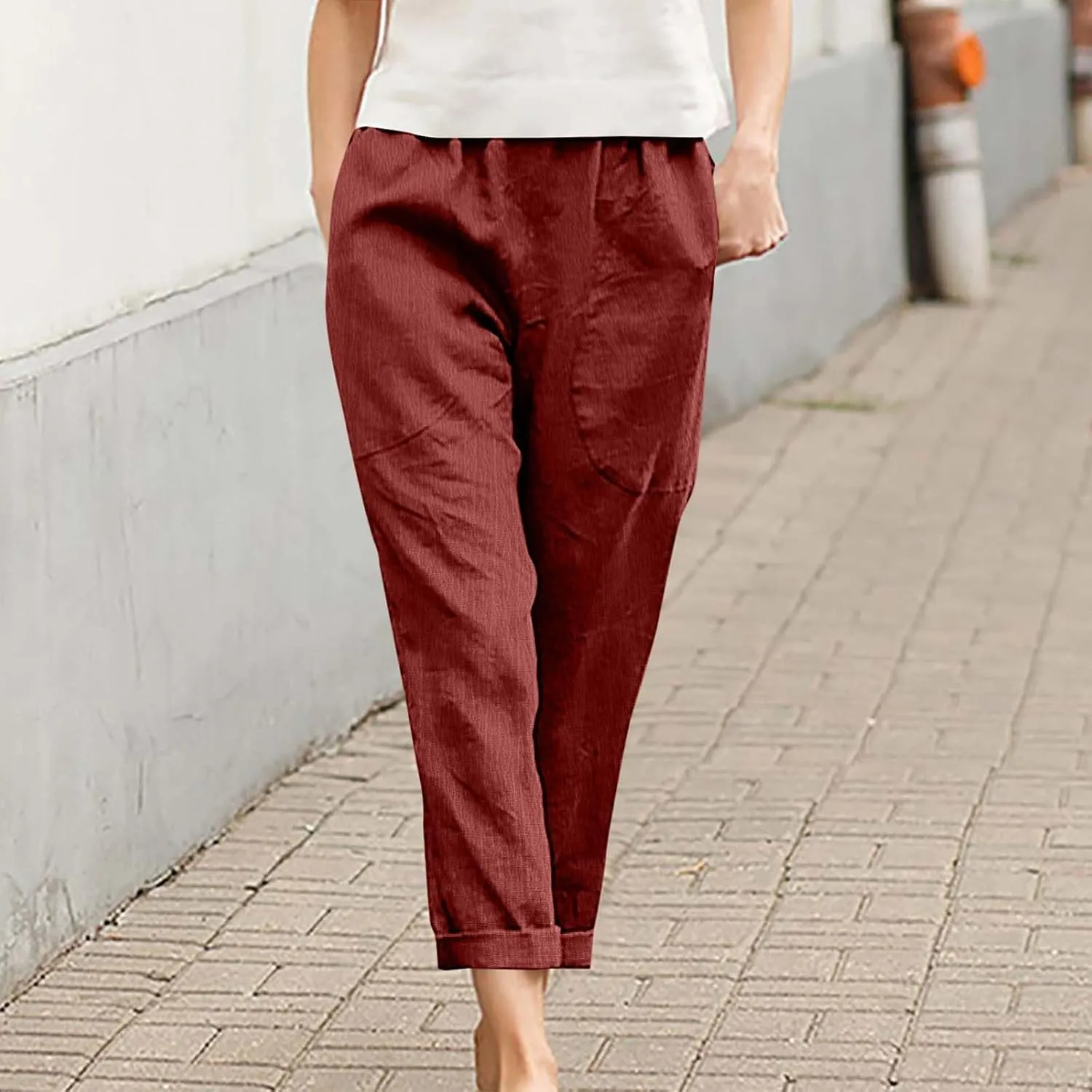 Womens Cotton Linen Cropped Pants Elastic High Waist Folded Hem Pants Casual Summer Trousers with Pockets