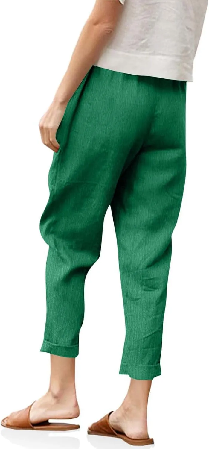 Womens Cotton Linen Cropped Pants Elastic High Waist Folded Hem Pants Casual Summer Trousers with Pockets