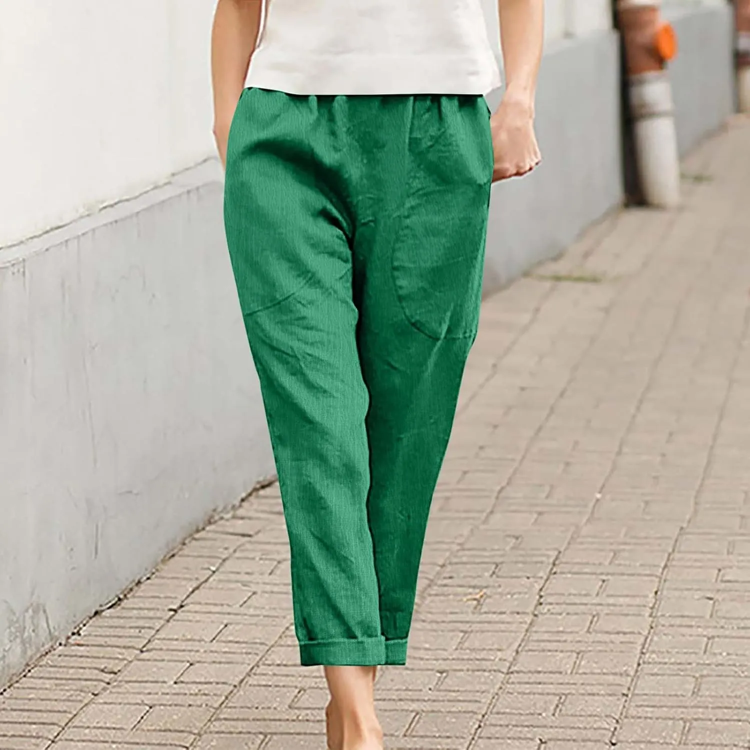 Womens Cotton Linen Cropped Pants Elastic High Waist Folded Hem Pants Casual Summer Trousers with Pockets