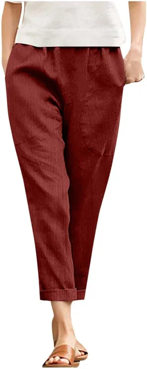 Womens Cotton Linen Cropped Pants Elastic High Waist Folded Hem Pants Casual Summer Trousers with Pockets