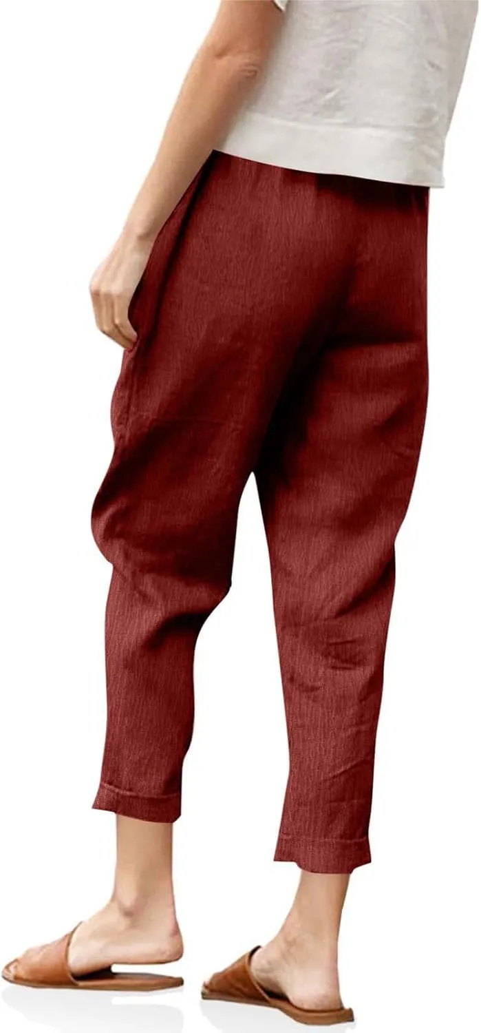 Womens Cotton Linen Cropped Pants Elastic High Waist Folded Hem Pants Casual Summer Trousers with Pockets