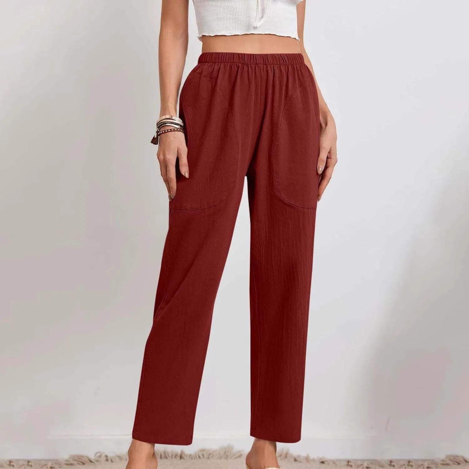 Womens Cotton Linen Cropped Pants Elastic High Waist Folded Hem Pants Casual Summer Trousers with Pockets