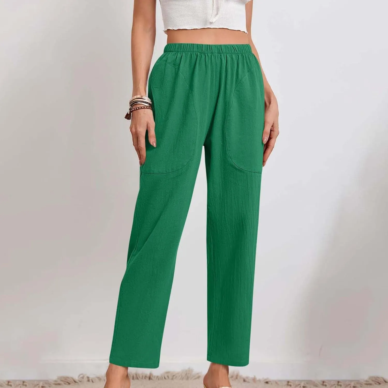 Womens Cotton Linen Cropped Pants Elastic High Waist Folded Hem Pants Casual Summer Trousers with Pockets