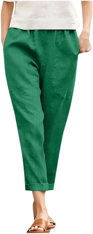 Womens Cotton Linen Cropped Pants Elastic High Waist Folded Hem Pants Casual Summer Trousers with Pockets