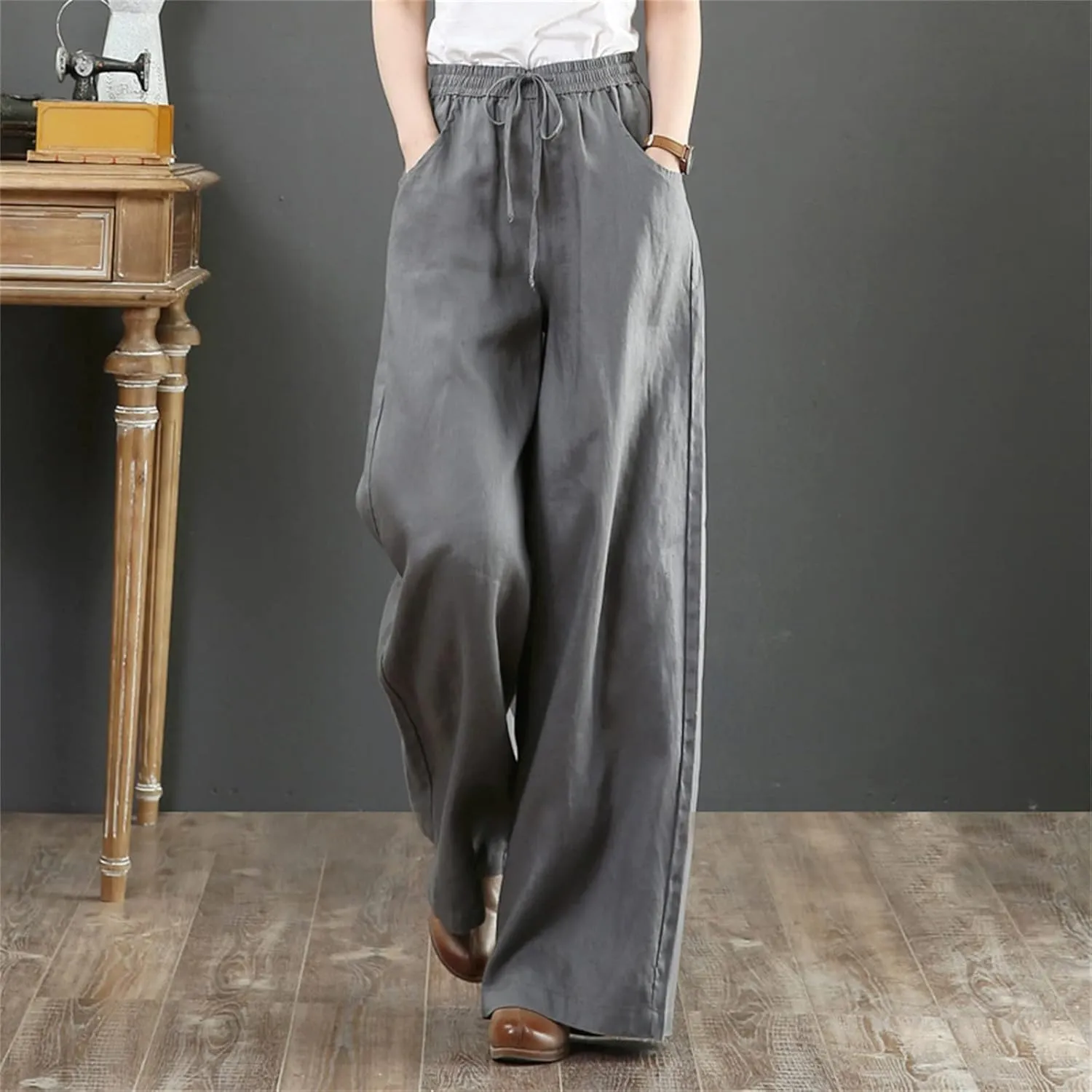 Womens Cotton Linen Palazzo Pants Drawstring Elastic Waist Casual Wide Leg Trousers Summer Beach Pant with Pockets