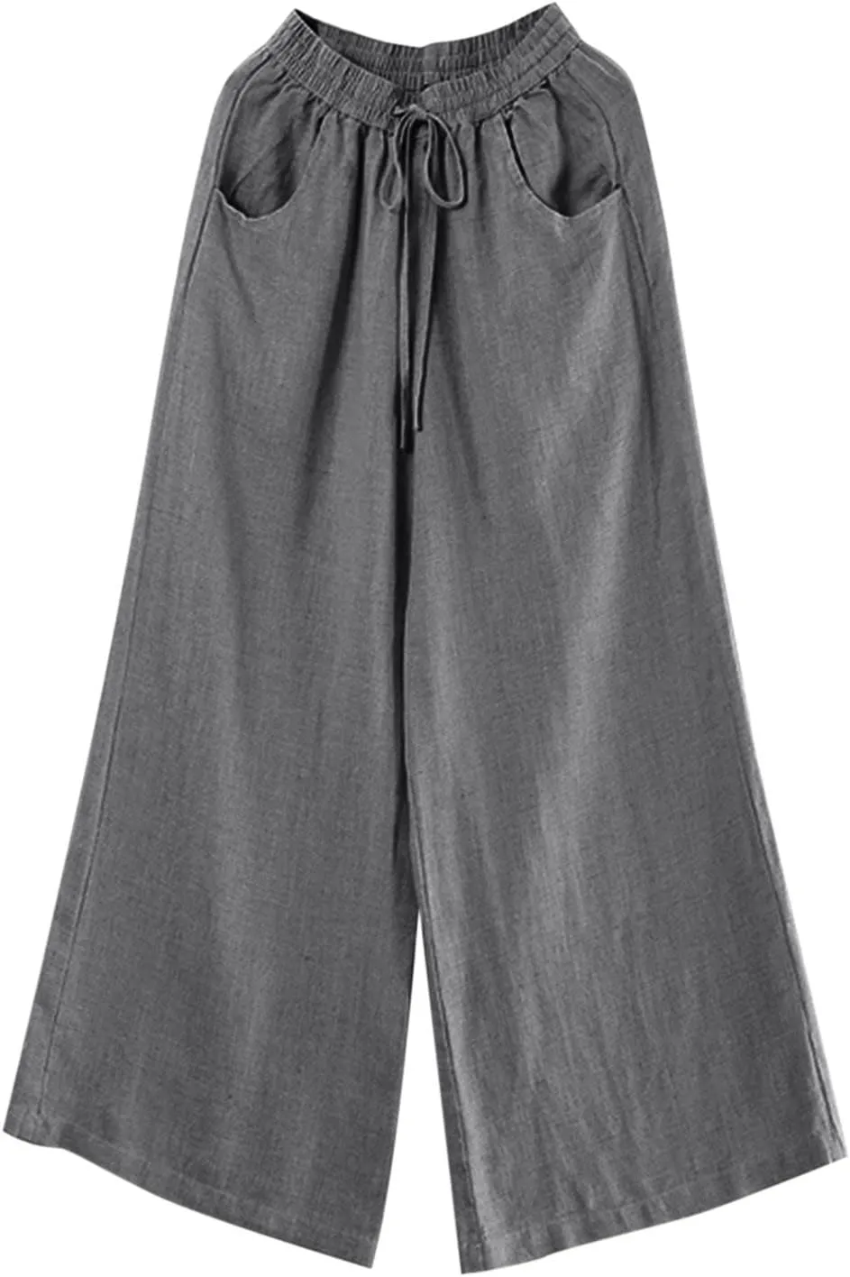 Womens Cotton Linen Palazzo Pants Drawstring Elastic Waist Casual Wide Leg Trousers Summer Beach Pant with Pockets