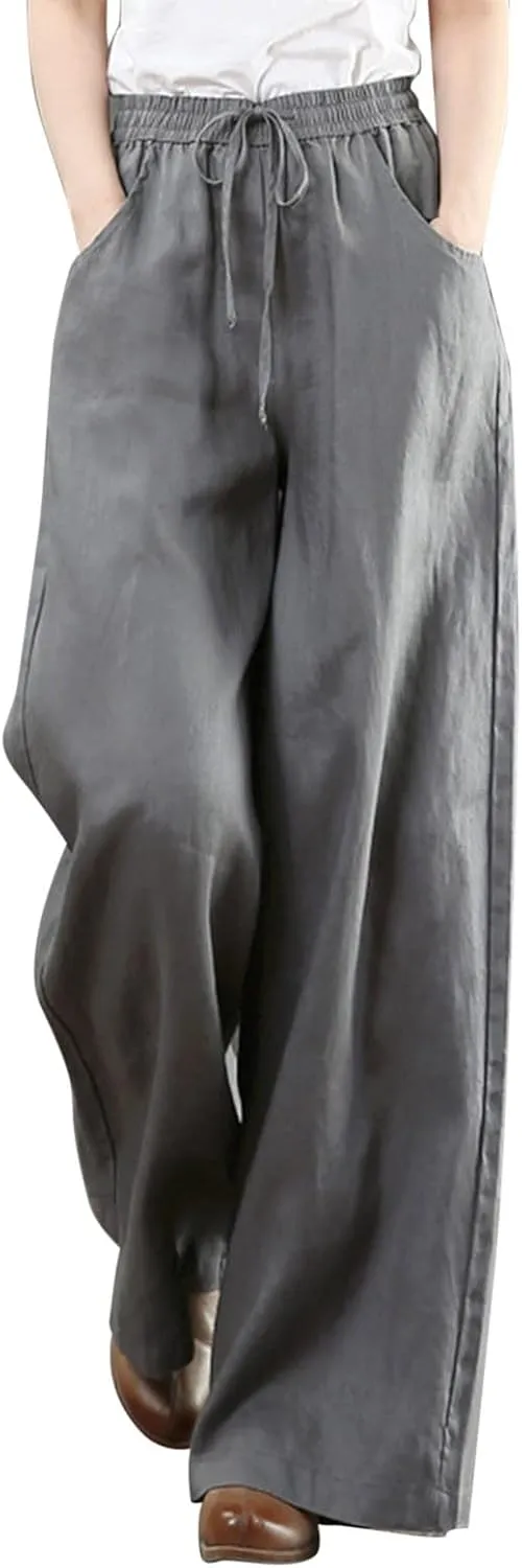 Womens Cotton Linen Palazzo Pants Drawstring Elastic Waist Casual Wide Leg Trousers Summer Beach Pant with Pockets