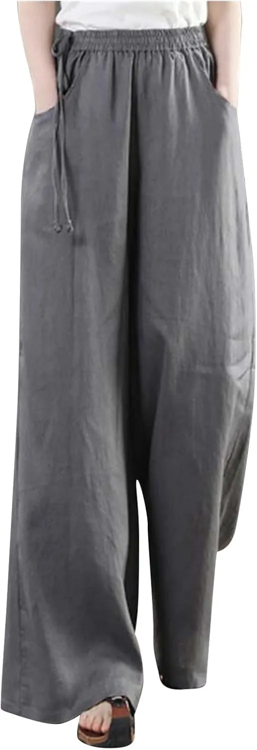Womens Cotton Linen Palazzo Pants Summer Lightweight Elastic Waist Casual Wide Leg Trousers with Pockets