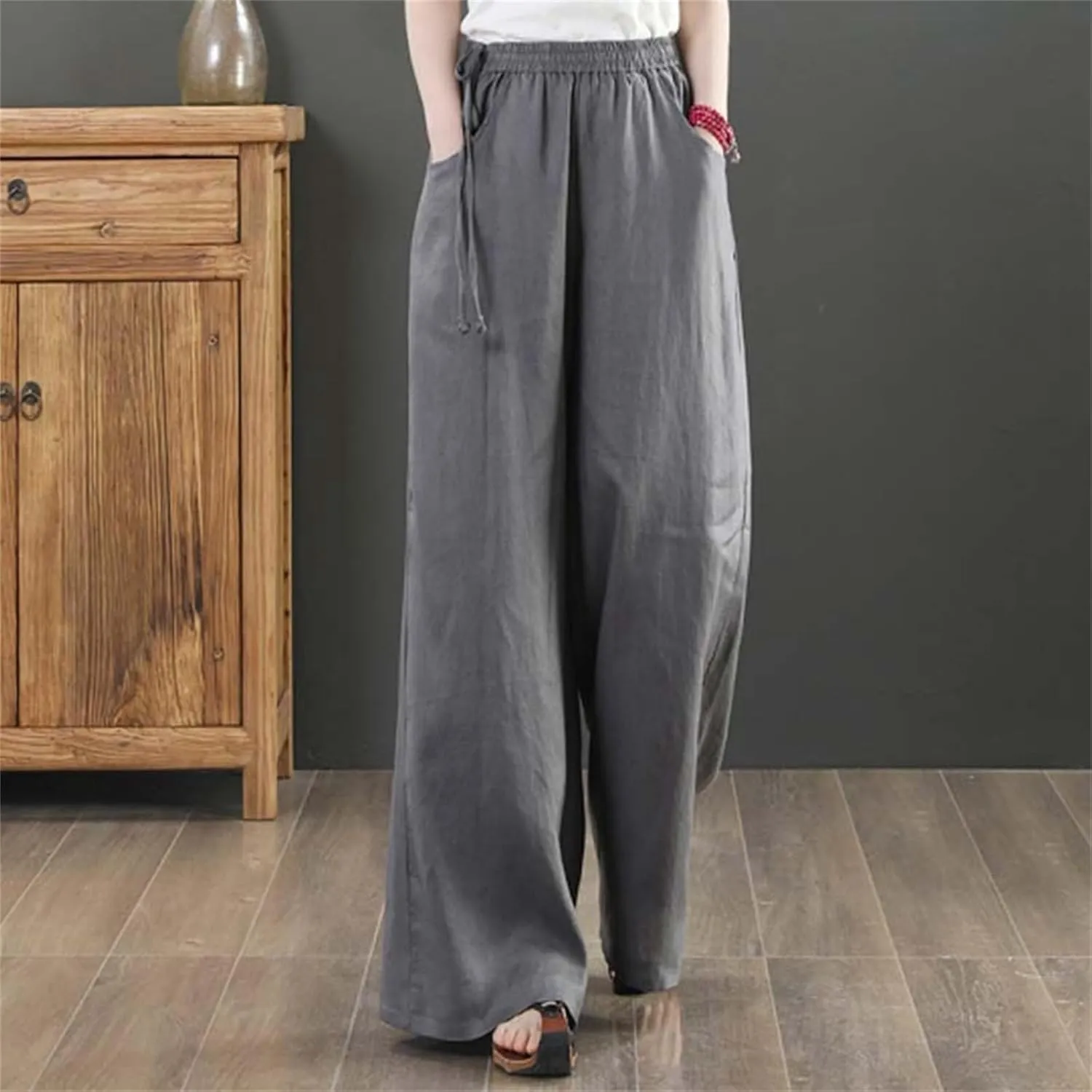 Womens Cotton Linen Palazzo Pants Summer Lightweight Elastic Waist Casual Wide Leg Trousers with Pockets