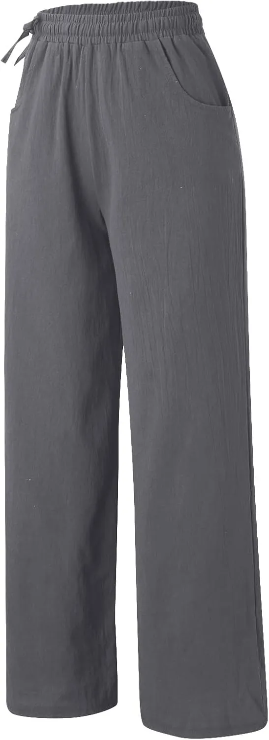 Womens Cotton Linen Palazzo Pants Summer Lightweight Elastic Waist Casual Wide Leg Trousers with Pockets