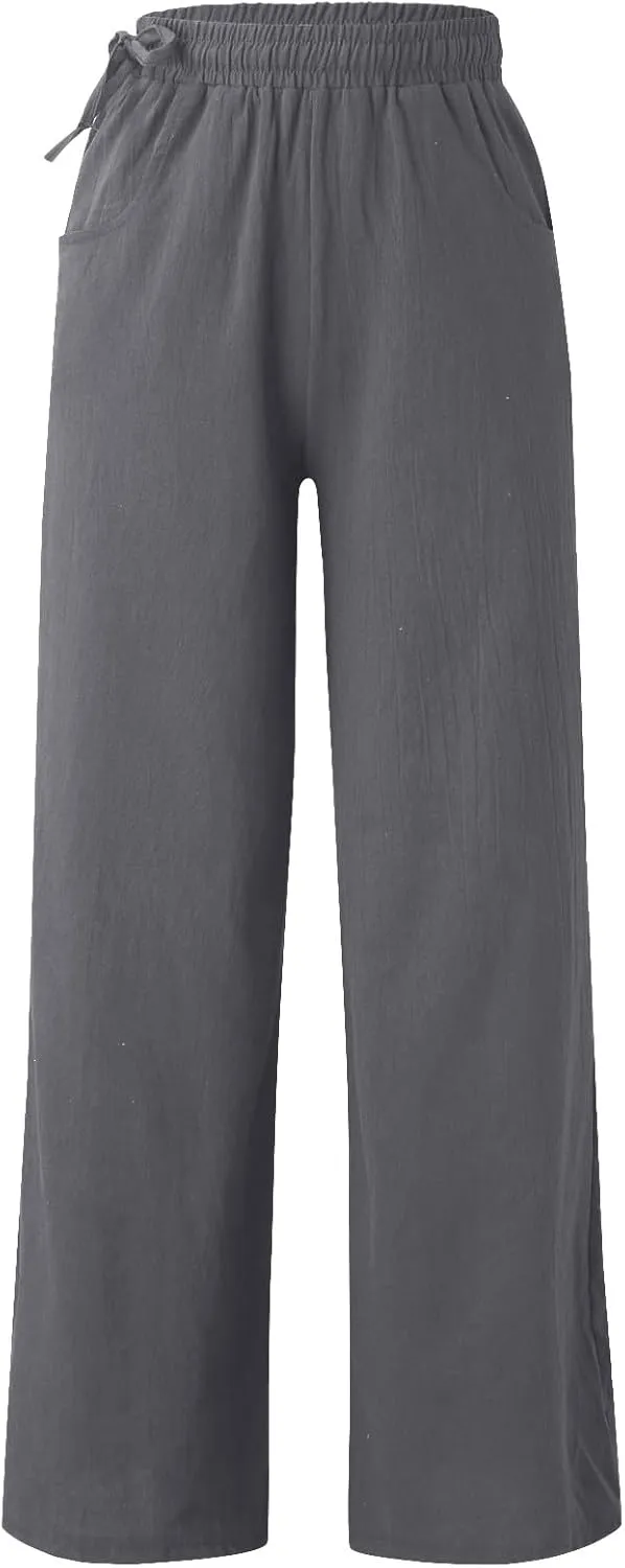 Womens Cotton Linen Palazzo Pants Summer Lightweight Elastic Waist Casual Wide Leg Trousers with Pockets