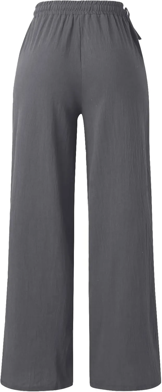 Womens Cotton Linen Palazzo Pants Summer Lightweight Elastic Waist Casual Wide Leg Trousers with Pockets