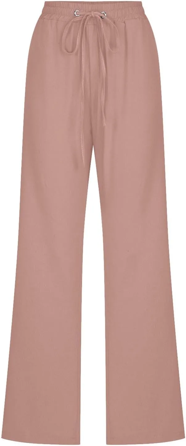 Womens Cotton Linen Pants Drawstring High Waist Pants Relax Fit Casual Pants 2025 Summer Beach Trousers with Pockets