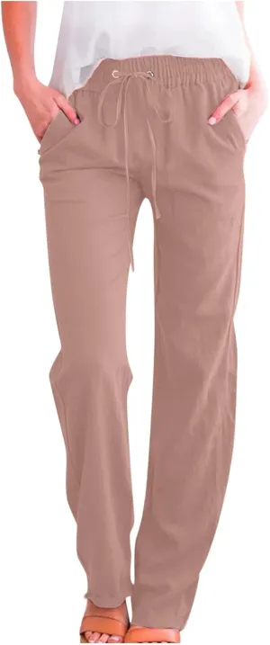 Womens Cotton Linen Pants Drawstring High Waist Pants Relax Fit Casual Pants 2025 Summer Beach Trousers with Pockets