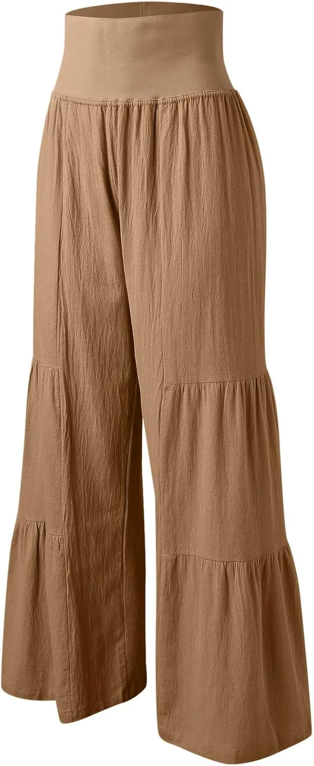 Womens Cotton Linen Pants Elastic High Waist Loose Fit Wide Leg Trousers 2025 Summer Casual Trendy Beach Pants