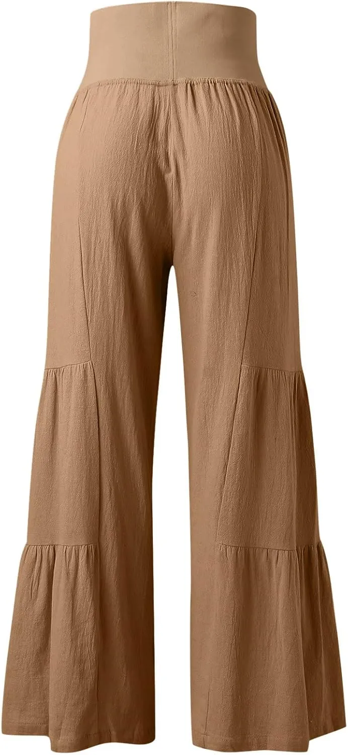 Womens Cotton Linen Pants Elastic High Waist Loose Fit Wide Leg Trousers 2025 Summer Casual Trendy Beach Pants
