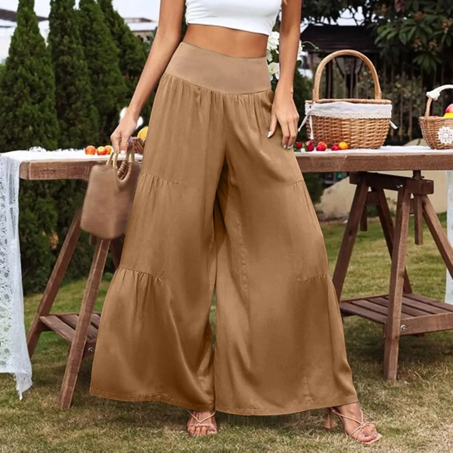 Womens Cotton Linen Pants Elastic High Waist Loose Fit Wide Leg Trousers 2025 Summer Casual Trendy Beach Pants
