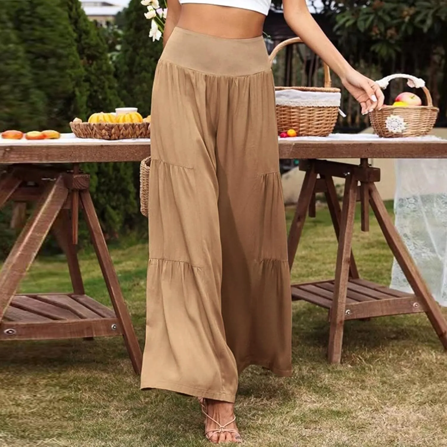 Womens Cotton Linen Pants Elastic High Waist Loose Fit Wide Leg Trousers 2025 Summer Casual Trendy Beach Pants