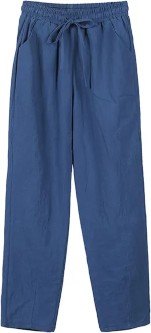 Women's Cotton Linen Pants High Waisted Drawstring Straight Leg Pants Summer Casual Long Trousers with Pockets